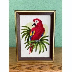 Vintage crewel embroidered framed tropical parrot